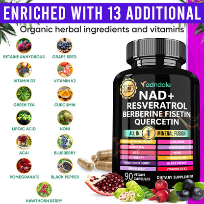 Adndale NAD Resveratrol Supplement – Liposomal NAD+ NMN Alternative 18-in-1 Fusion (90 Capsules)