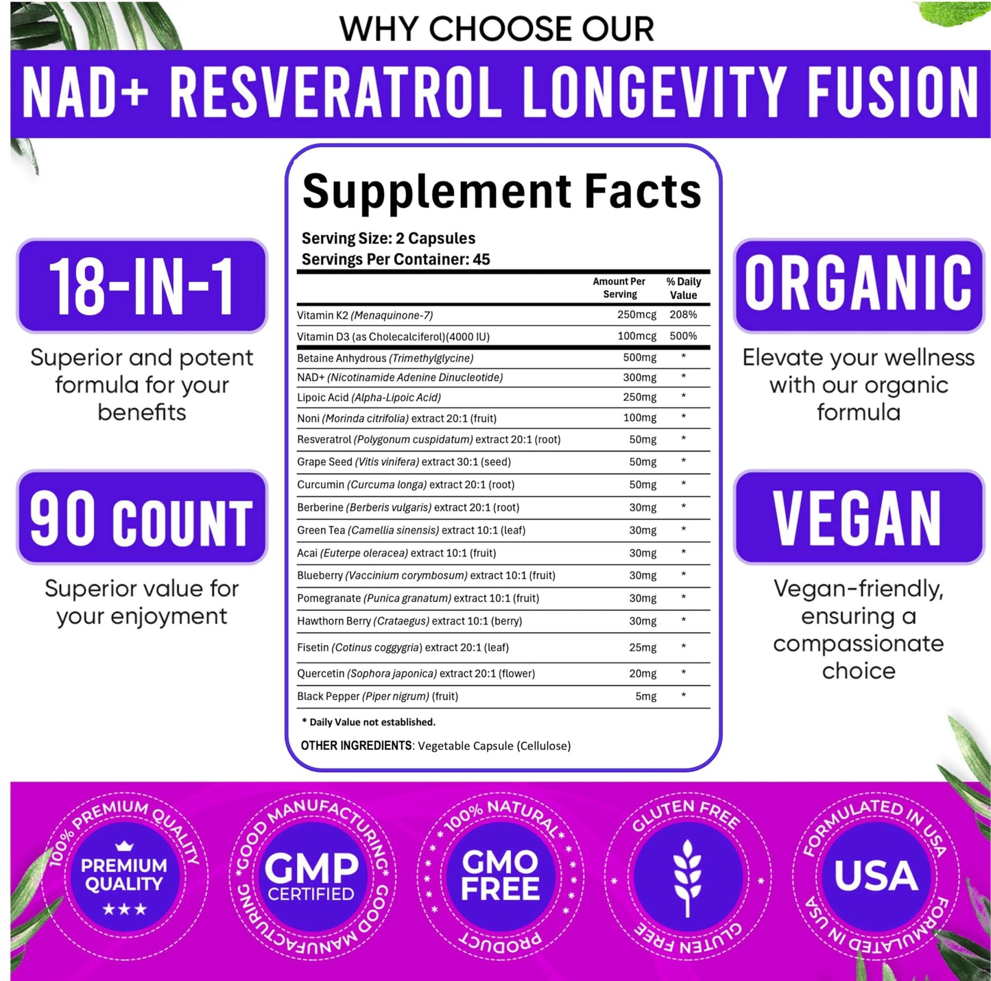 Adndale NAD Resveratrol Supplement – Liposomal NAD+ NMN Alternative 18-in-1 Fusion (90 Capsules)