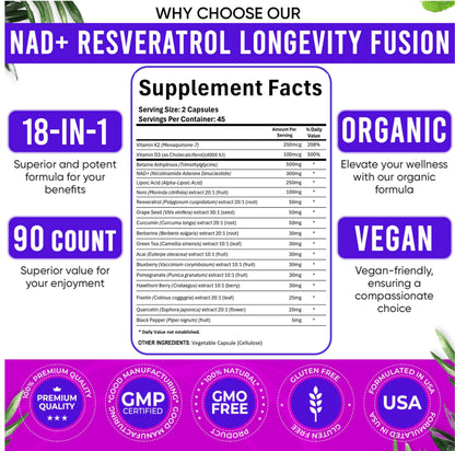 Adndale NAD Resveratrol Supplement – Liposomal NAD+ NMN Alternative 18-in-1 Fusion (90 Capsules)
