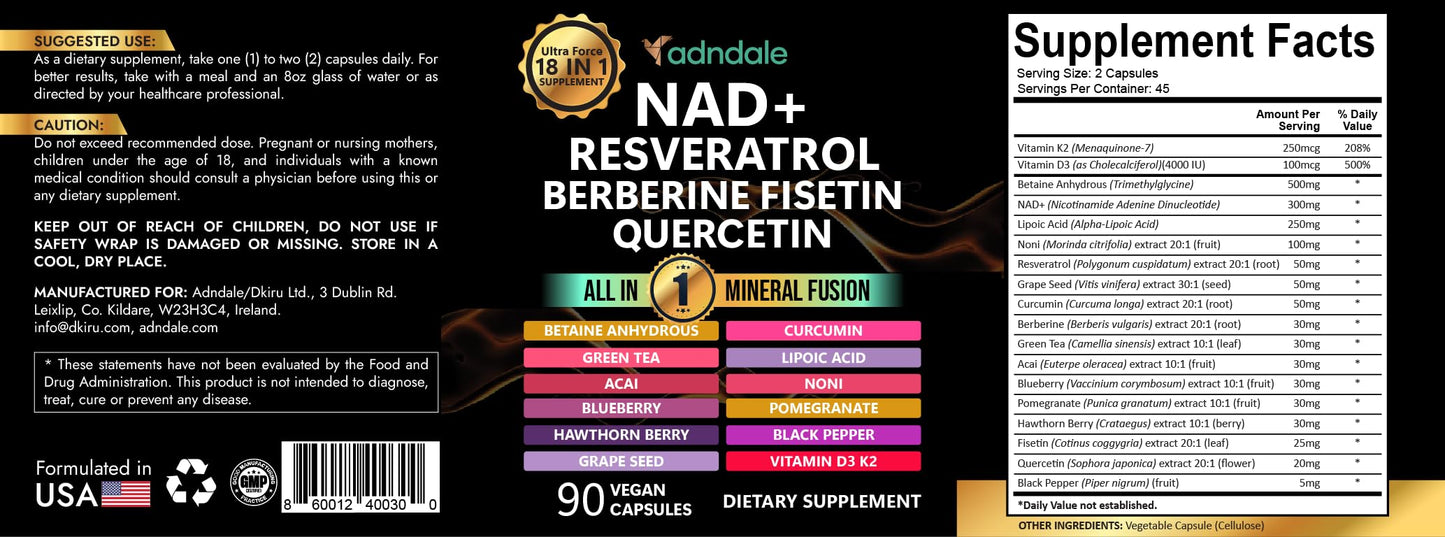 Adndale NAD Resveratrol Supplement – Liposomal NAD+ NMN Alternative 18-in-1 Fusion (90 Capsules)