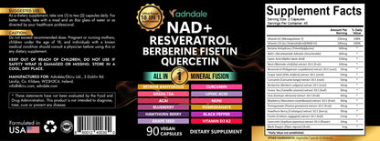 Adndale NAD Resveratrol Supplement – Liposomal NAD+ NMN Alternative 18-in-1 Fusion (90 Capsules)