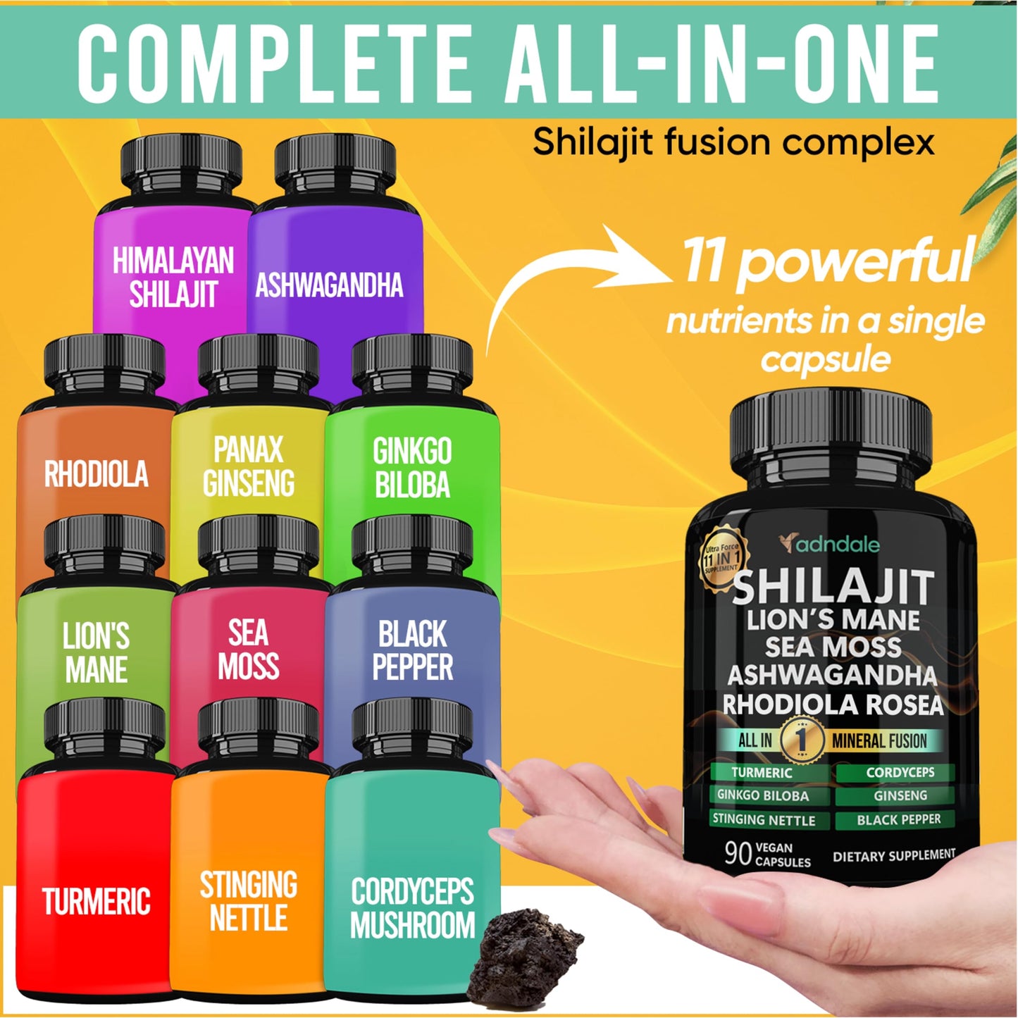 Adndale Shilajit Supplement - Pure Himalayan Shilajit 11-in-1, 90 Capsules