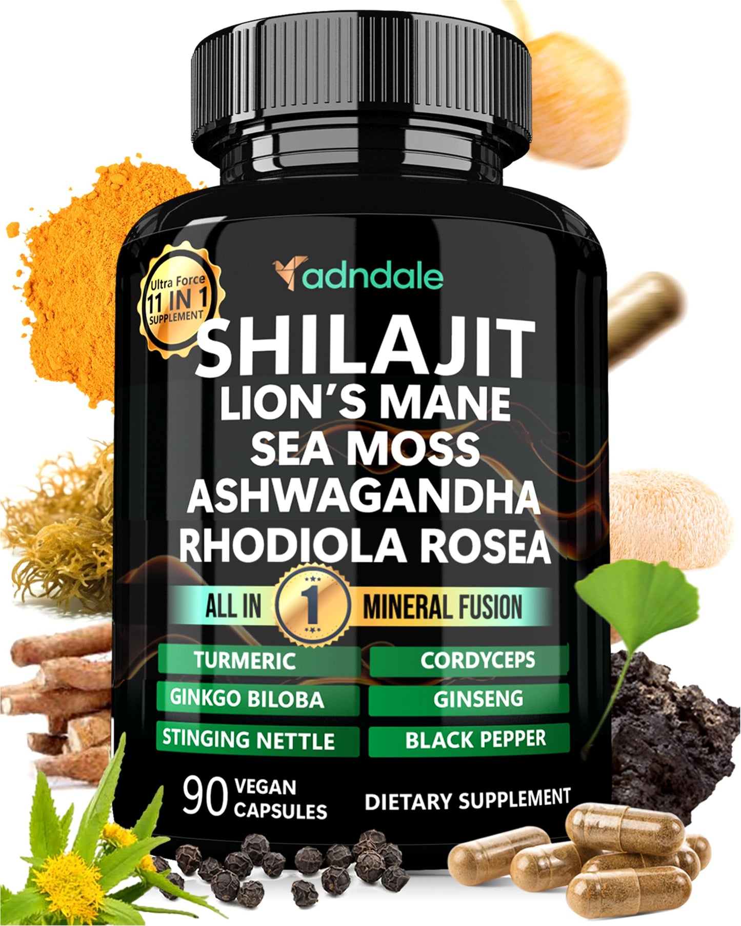 Adndale Shilajit Supplement - Pure Himalayan Shilajit 11-in-1, 90 Capsules