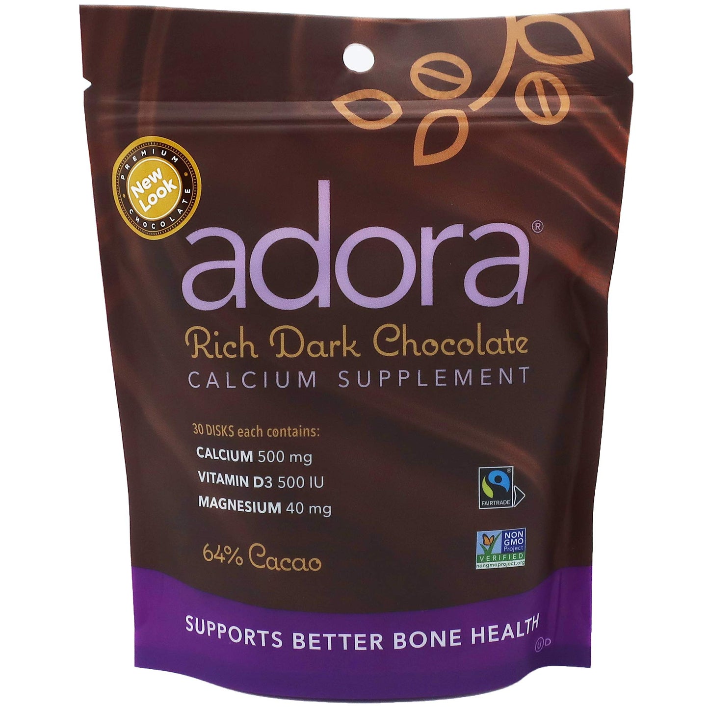 Adora Calcium Supplement Disk – Organic Dark Chocolate, 30 Count | 500 mg Calcium