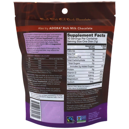 Adora Calcium Supplement Disk – Organic Dark Chocolate, 30 Count | 500 mg Calcium