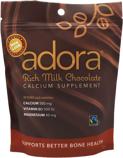 Adora Premium Vitamin D3 Calcium Magnesium Milk Chocolate – 500 mg, 30 Count