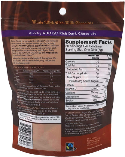 Adora Premium Vitamin D3 Calcium Magnesium Milk Chocolate – 500 mg, 30 Count