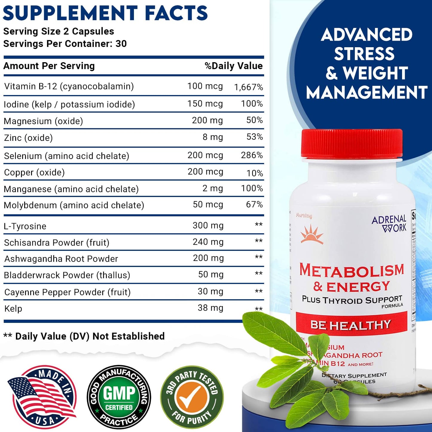 Adrenalwork Adrenal Support & Energy – Ashwagandha Capsules for Mood, Focus & Metabolism (60 Capsules)