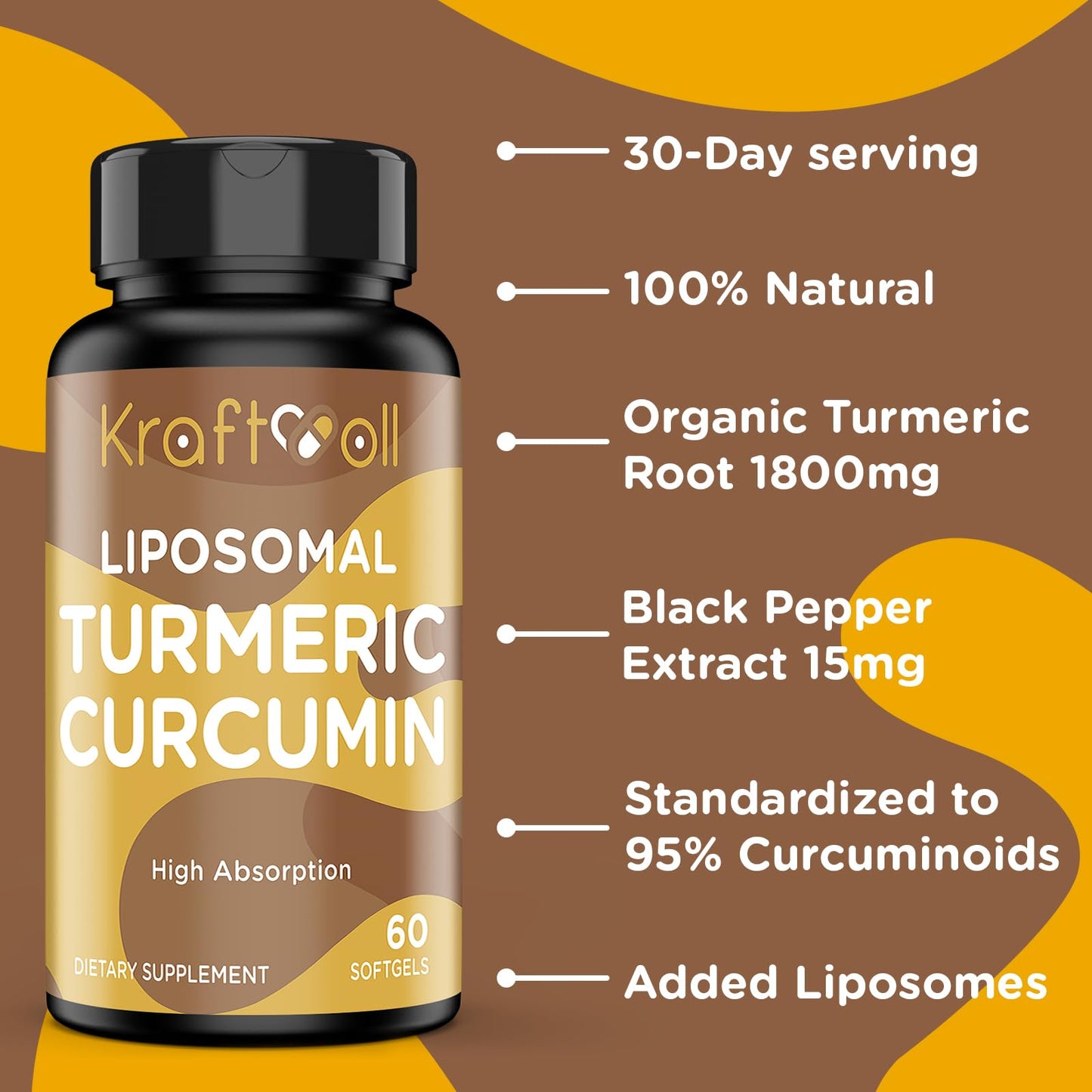 Liposomal Turmeric Curcumin Supplement 2200 mg with Black Pepper Extract 15 mg - 60 Softgels