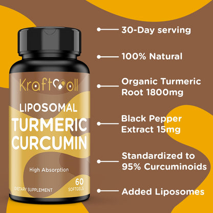 Liposomal Turmeric Curcumin Supplement 2200 mg with Black Pepper Extract 15 mg - 60 Softgels