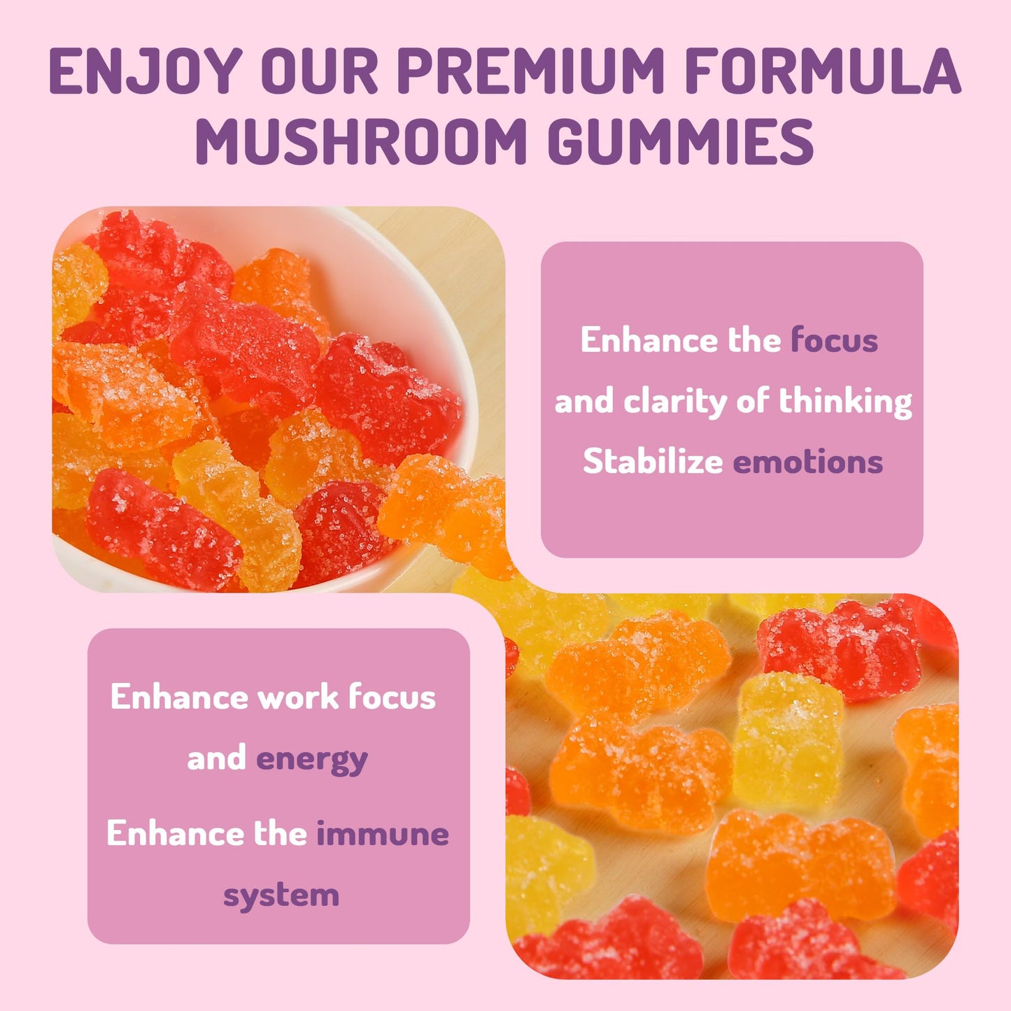 KAACHLI Ashwagandha & 8 Mushroom Blend Gummies 500mg | Focus, Energy & Cognitive Boost – 80 Count
