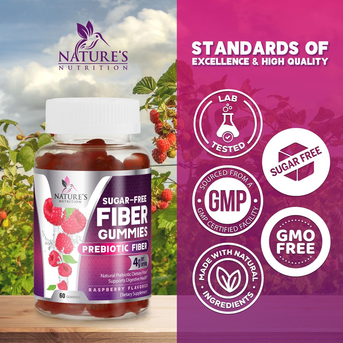 Prebiotic Fiber Gummies 4g - Sugar Free Gummy Fiber Supplement for Digestive Health & Regularity - Raspberry Flavor | Plant-Based, Non-GMO, Gluten Free - 60 Gummies