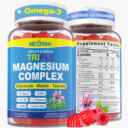 Triple Magnesium Complex Gummies for Adults & Kids 6+ – Sugar Free | Omega-3, Saffron, L-Theanine