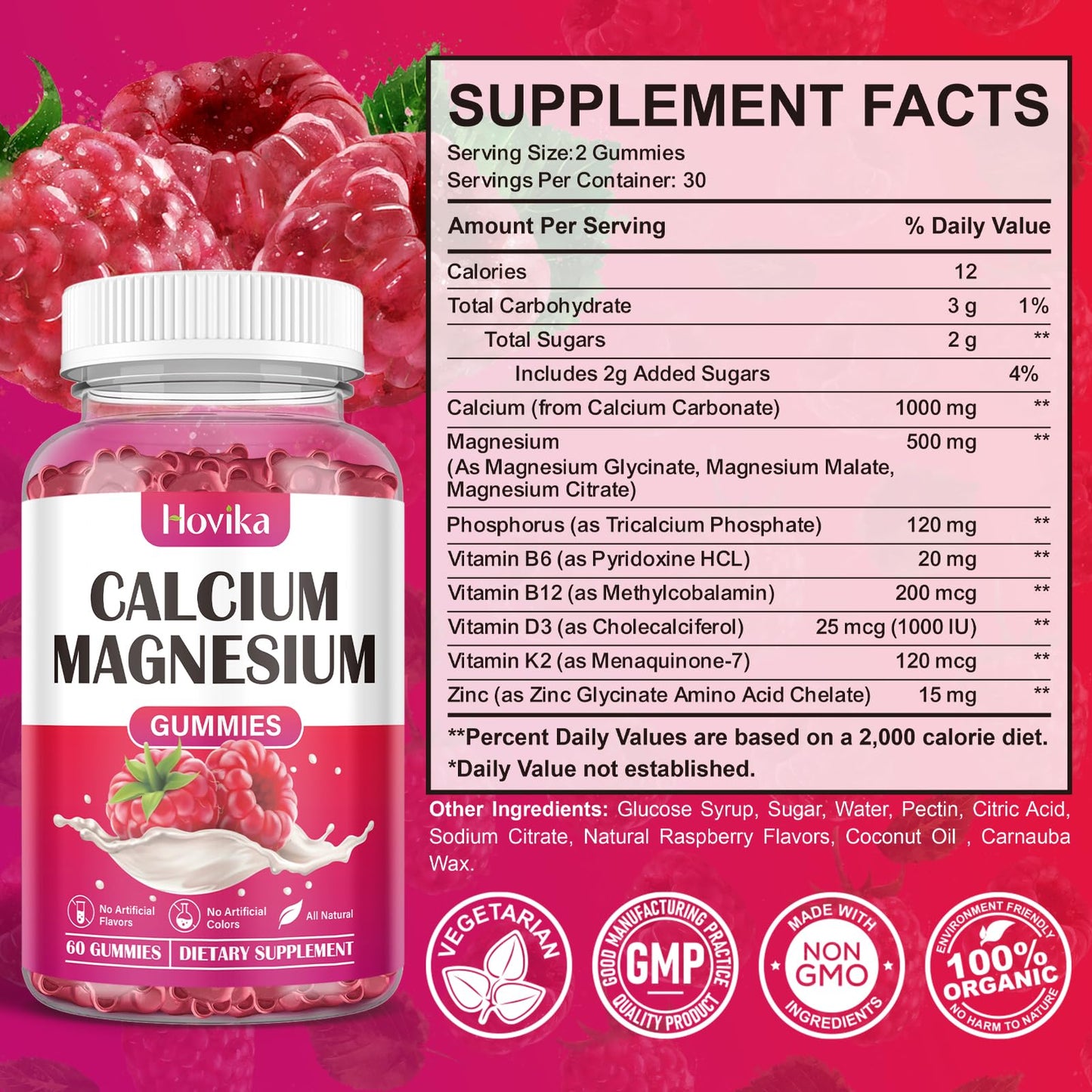 Calcium Magnesium Zinc Gummies 2:1 with D3 K2 B6 B12 – Vegan Raspberry 120