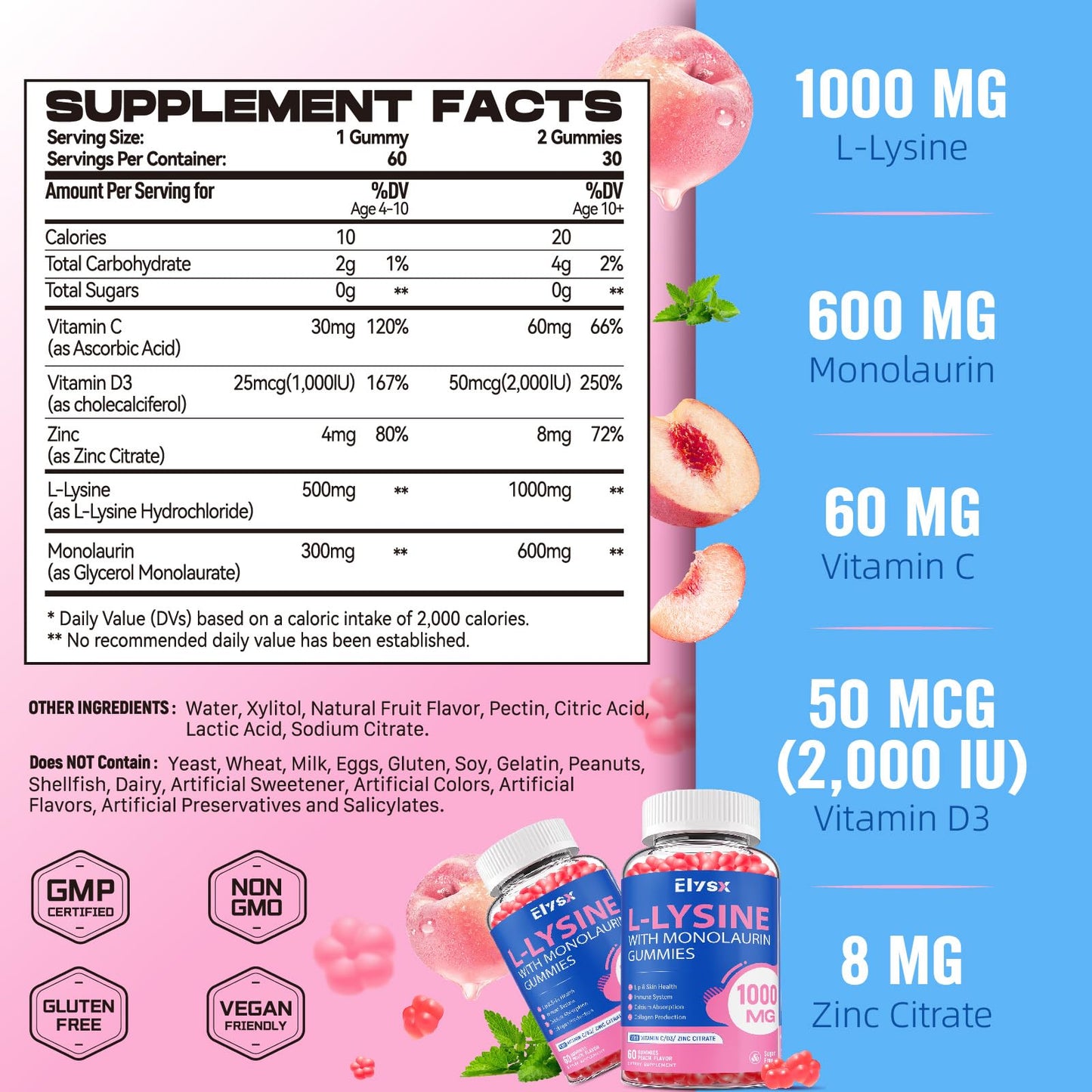 L-Lysine Gummies 1000mg with Monolaurin – Sugar-Free Peach Immune Support (60 Count)