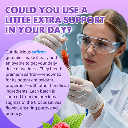 Saffron Gummies for Adult Kids - 88.5mg Saffron, Mood & Focus, Vegan Raspberry 60 Gummies
