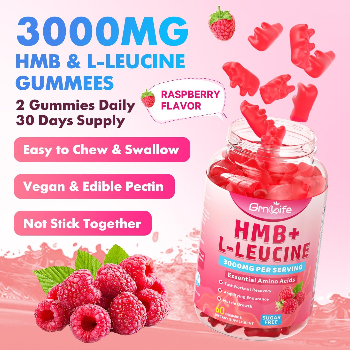 2 Pack HMB & L-Leucine Gummies 3000mg – Muscle Growth & Recovery, Sugar-Free Raspberry, 120 Count