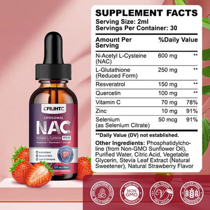Liposomal NAC Drops 600mg – N-Acetyl Cysteine with Glutathione, Resveratrol & Zinc (Strawberry, 2 fl oz)