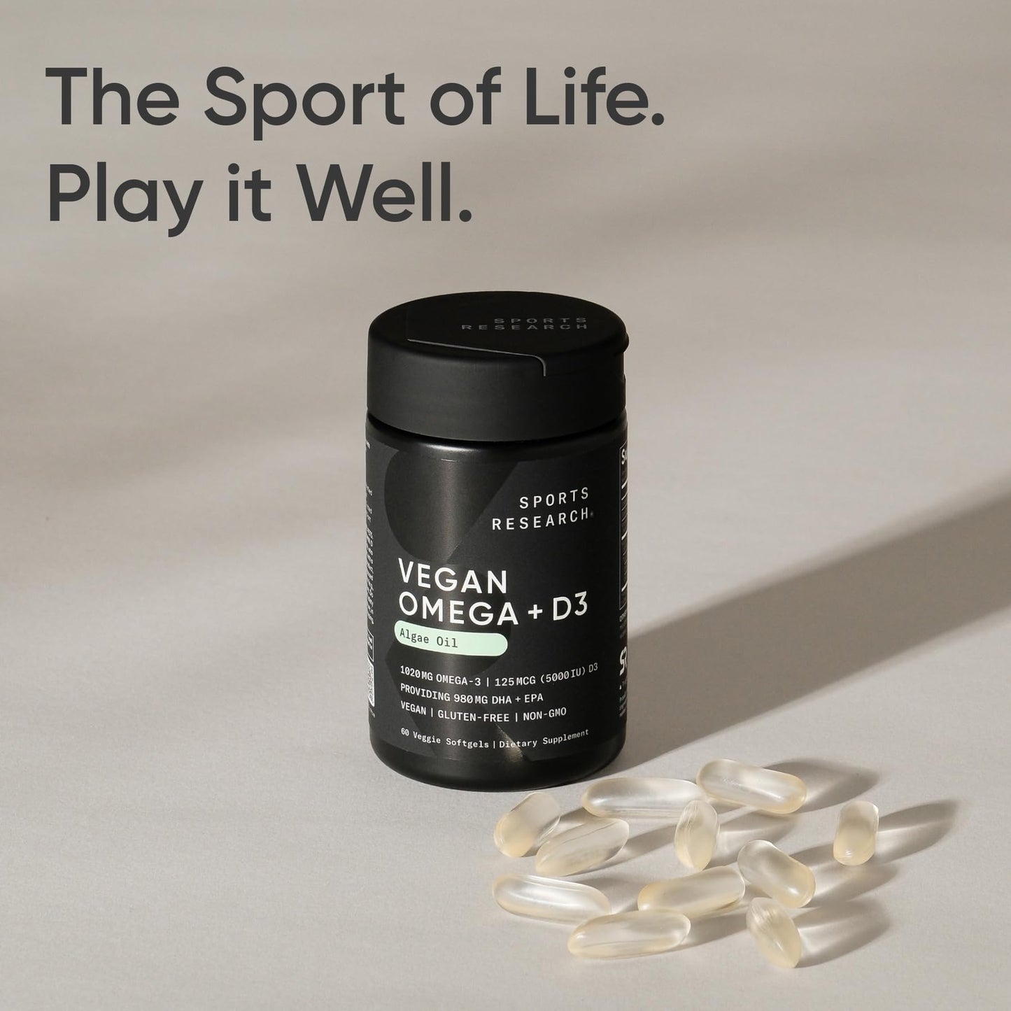 Sports Research Vegan Omega-3 + Vitamin D3 Softgels – 1020mg Omega-3, 5000 IU D3 (60 Veggie Softgels)
