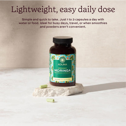 Aduna Organic Moringa Capsules 1500mg | 100% Pure Moringa Leaf for Energy, Immunity & Focus | Natural Plant-Based Food Supplement for Tiredness, Recovery & Breastfeeding | 180 Vegan Capsules