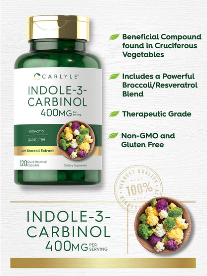 Carlyle Indole-3-Carbinol (I3C) 400mg | 120 Capsules | Advanced Formula with Broccoli Extract | Non-GMO, Gluten Free