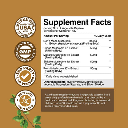 Advanced Lion's Mane Mushroom Supplement - Brain Health & Focus - 120 Caps