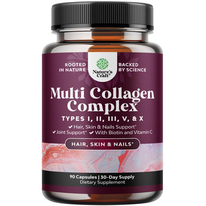 Advanced Multi Collagen Complex with Biotin – Type 1–X, Hair Skin Nails, 90 Count