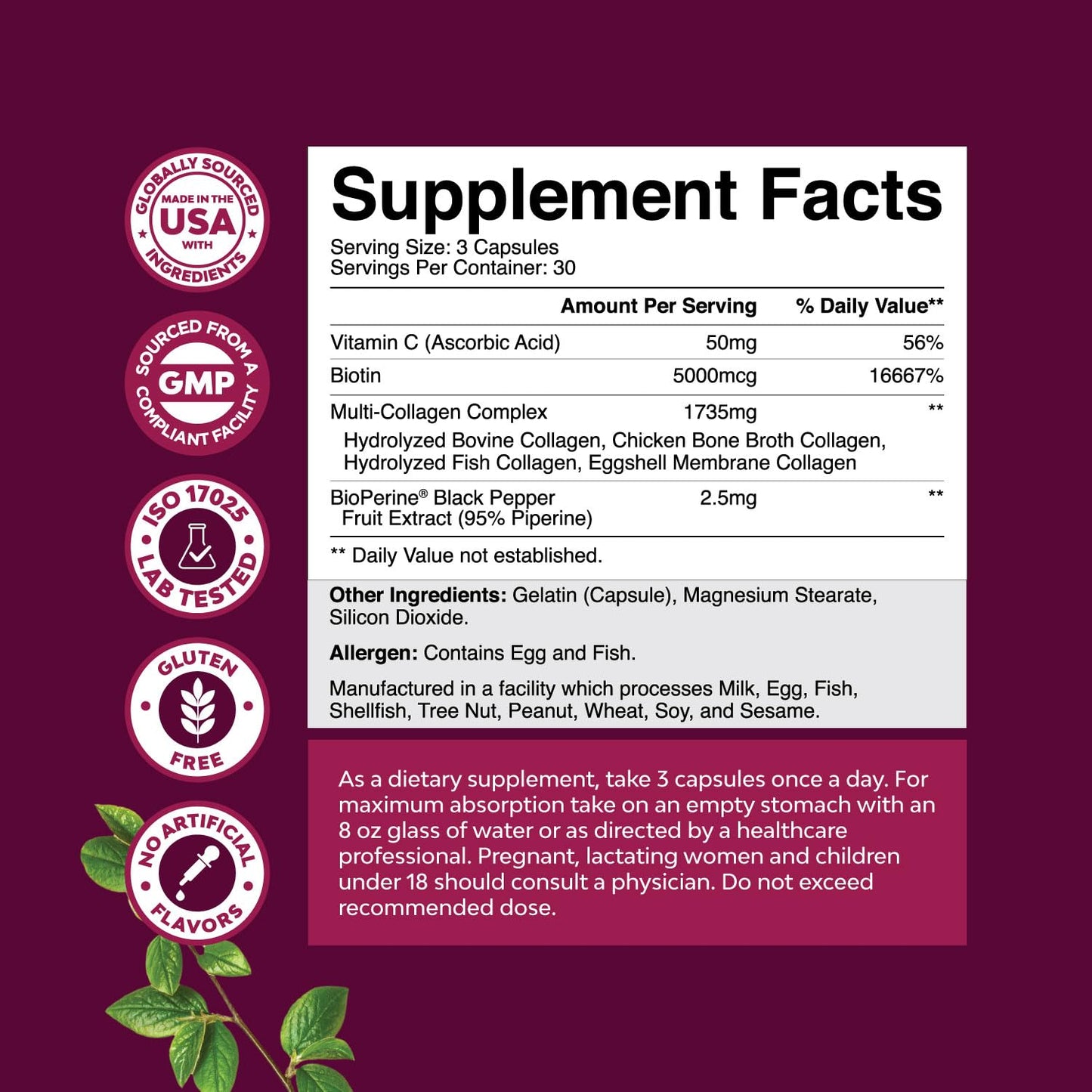 Advanced Multi Collagen Complex with Biotin – Type 1–X, Hair Skin Nails, 90 Count