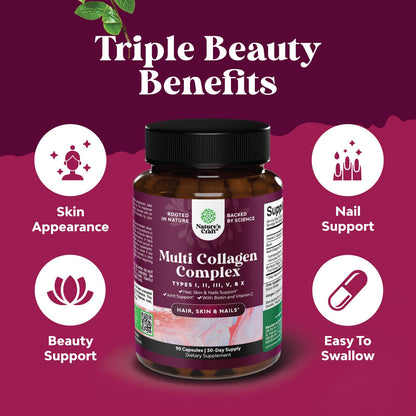 Advanced Multi Collagen Complex with Biotin – Type 1–X, Hair Skin Nails, 90 Count