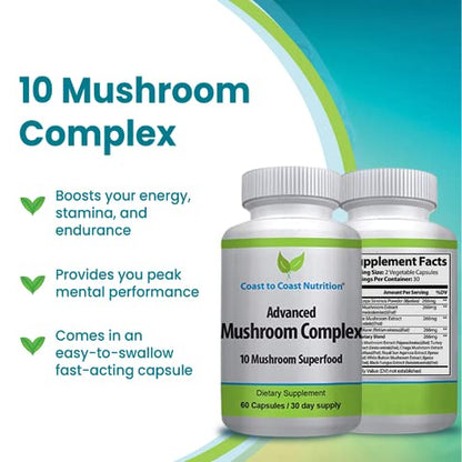 Advanced Mushroom Complex – 10 Mushroom Blend for Immunity & Focus | 60 Capsules