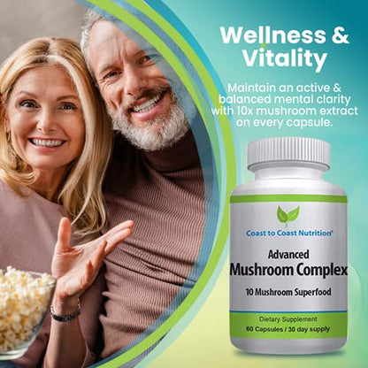 Advanced Mushroom Complex – 10 Mushroom Blend for Immunity & Focus | 60 Capsules