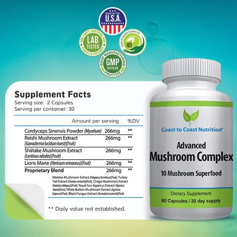 Advanced Mushroom Complex – 10 Mushroom Blend for Immunity & Focus | 60 Capsules