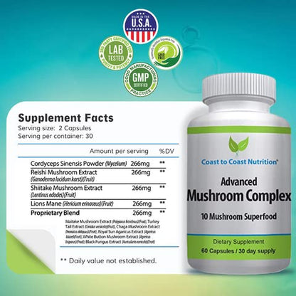 Advanced Mushroom Complex – 10 Mushroom Blend for Immunity & Focus | 60 Capsules