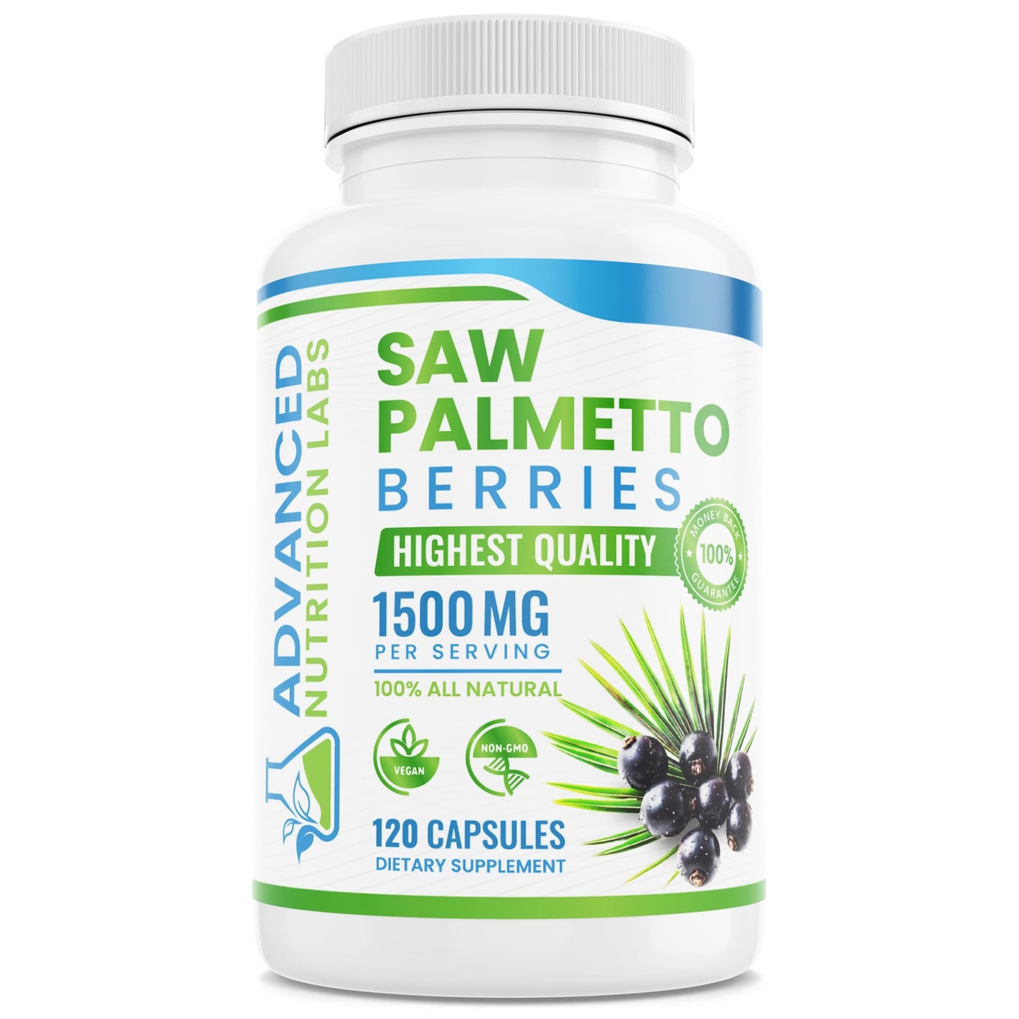 Advanced Nutrition Labs Saw Palmetto 1500 mg – Prostate Health, Hair Support & DHT Blocker | 120 Vegan Capsules