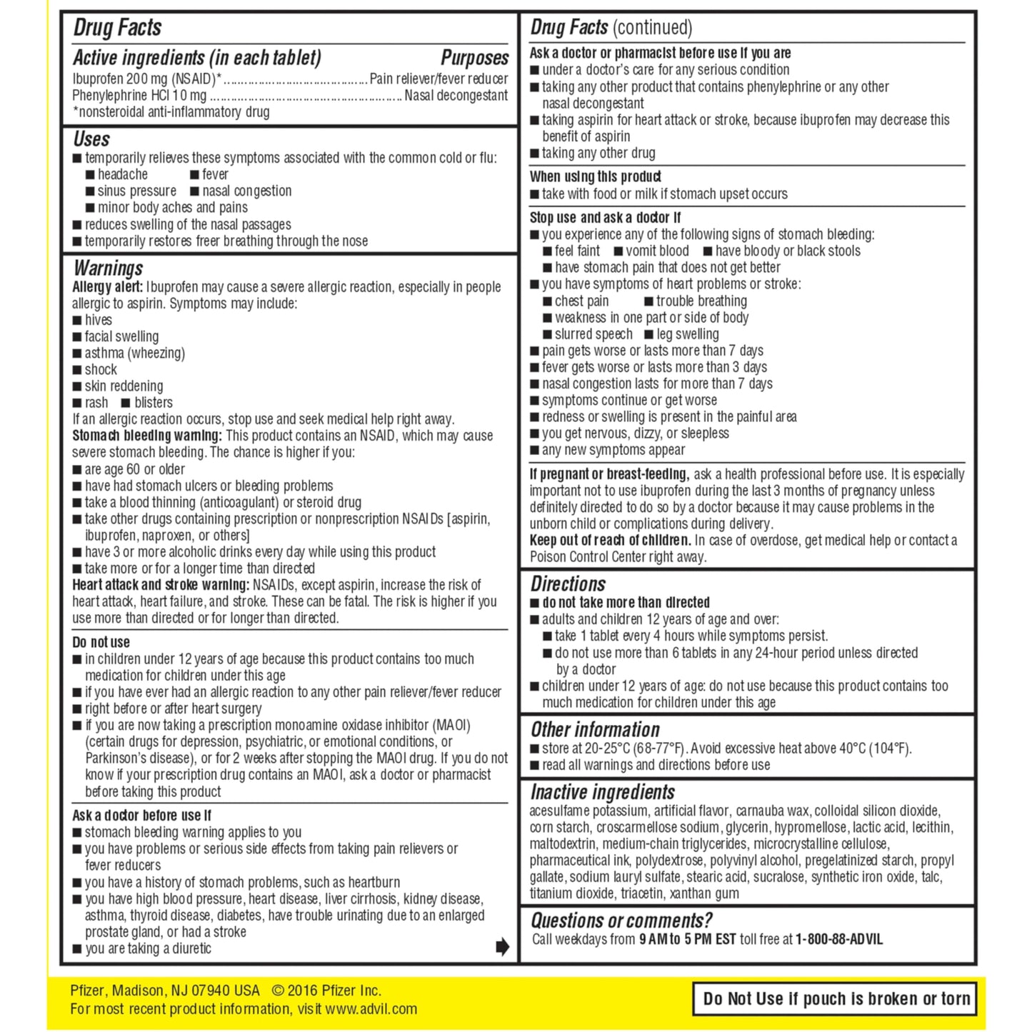 Advil Sinus Congestion and Pain Relief — Ibuprofen 200mg + Phenylephrine HCl 10mg, 50 Coated Tablets