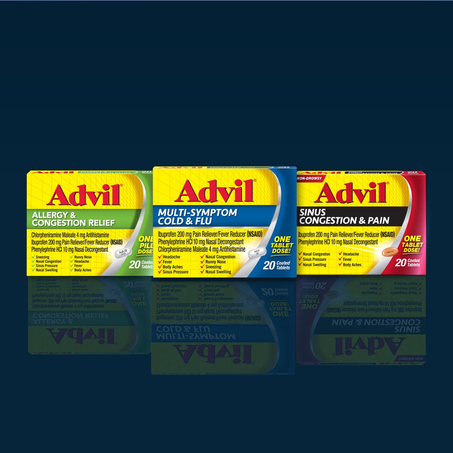 Advil Sinus Congestion and Pain Relief — Ibuprofen 200mg + Phenylephrine HCl 10mg, 50 Coated Tablets