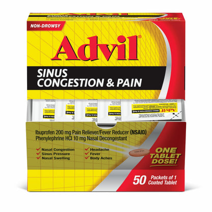 Advil Sinus Congestion and Pain Relief — Ibuprofen 200mg + Phenylephrine HCl 10mg, 50 Coated Tablets