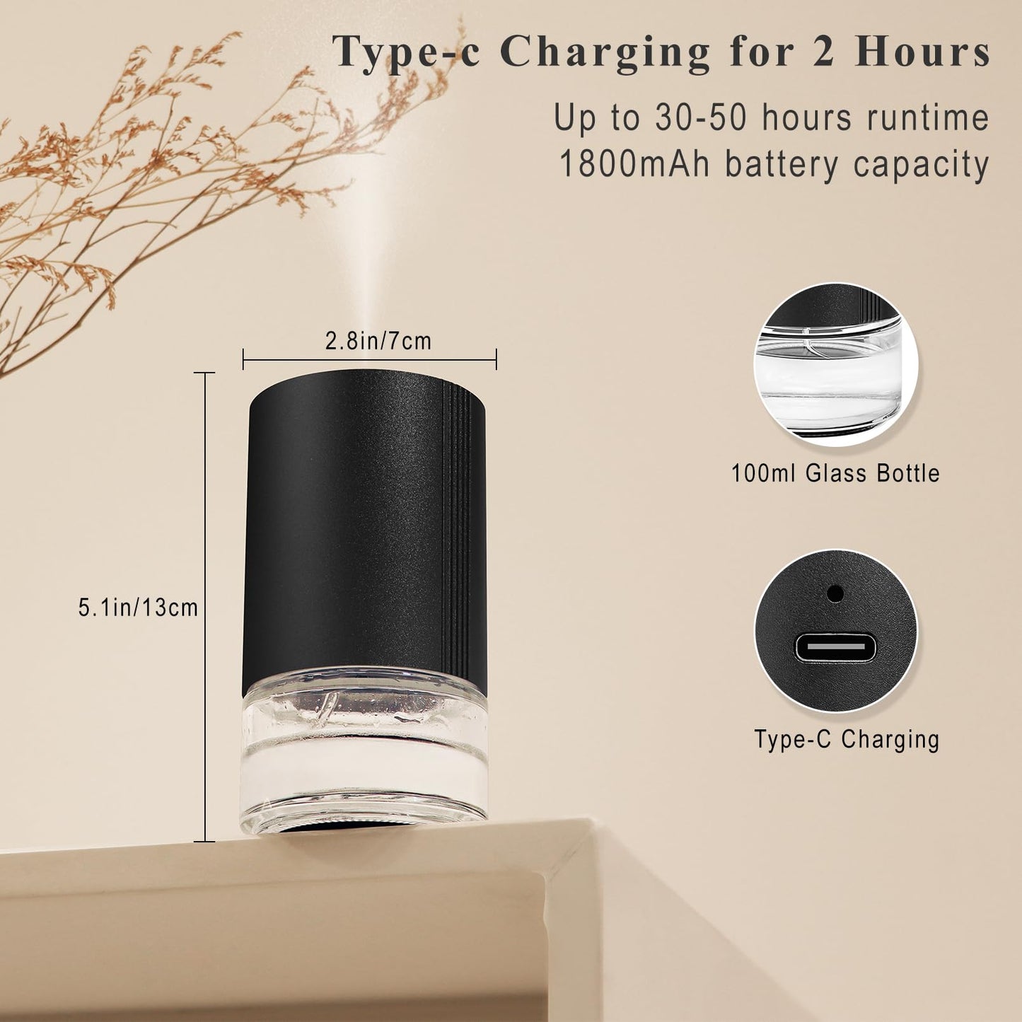 Aeeteek Essential Oil Diffuser | Waterless, 100ml, Rechargeable, 7-Color Ambient Light – Home, Car, Office