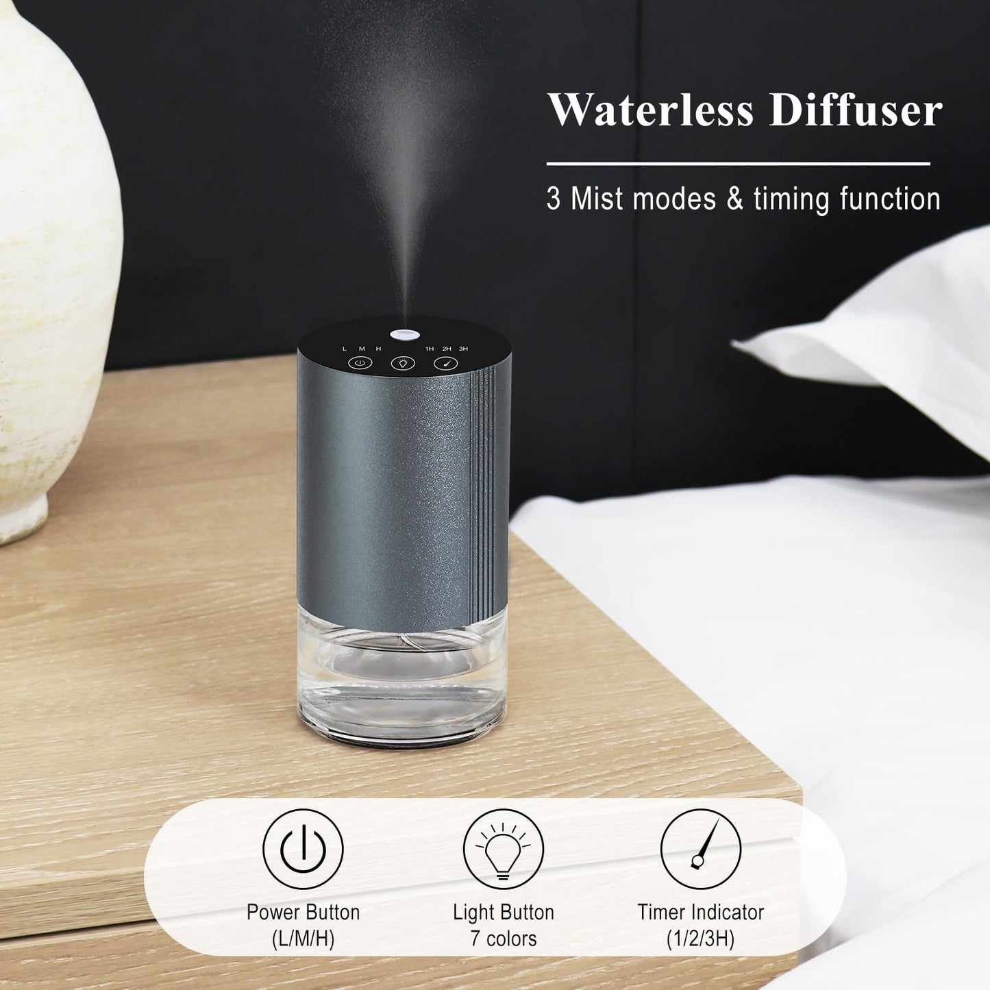 Aeeteek Essential Oil Diffuser | Waterless Nano Mist, 100ml, 7-Color Ambient Light, Rechargeable (Grey)