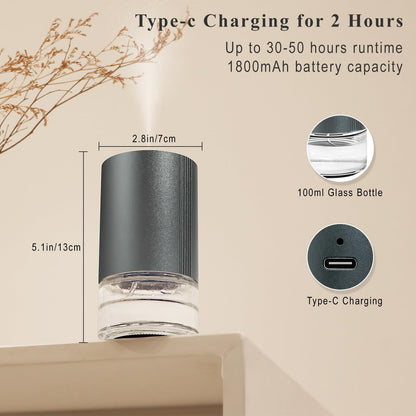 Aeeteek Essential Oil Diffuser | Waterless Nano Mist, 100ml, 7-Color Ambient Light, Rechargeable (Grey)