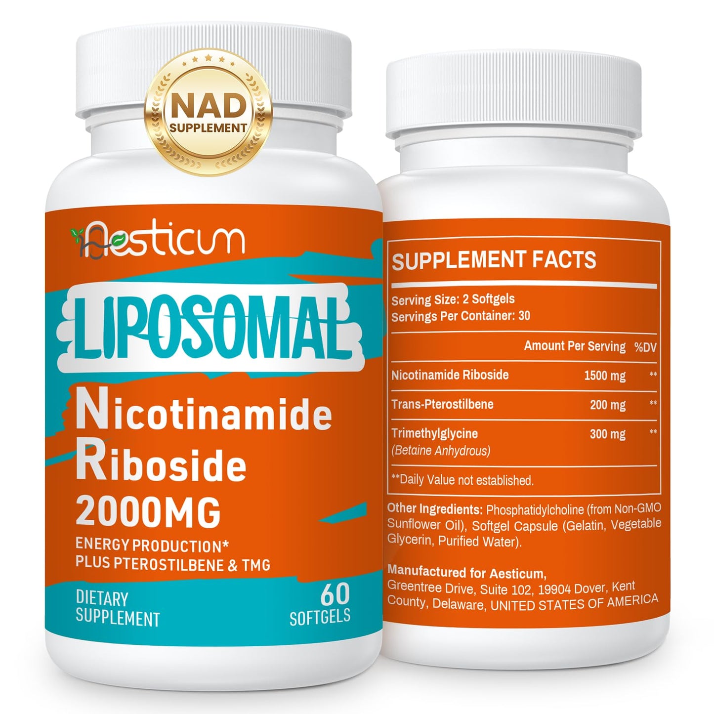 Aesticum 2000 mg Nicotinamide Riboside NMNH – Liposomal NR with TMG & Pterostilbene, NAD+, Energy, Immunity – 120 Softgels