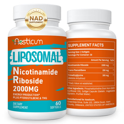 Aesticum 2000 mg Nicotinamide Riboside NMNH – Liposomal NR with TMG & Pterostilbene, NAD+, Energy, Immunity – 120 Softgels