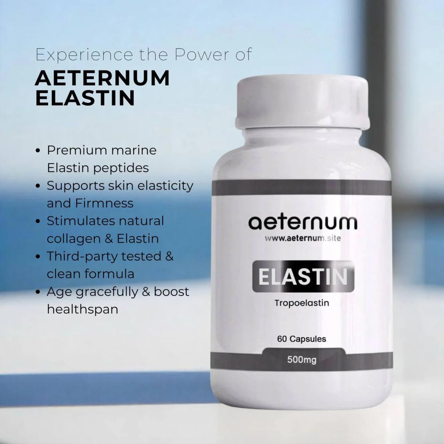 Aeternum Elastin 500mg Capsules – 180 Count | Marine Elastin for Skin Elasticity