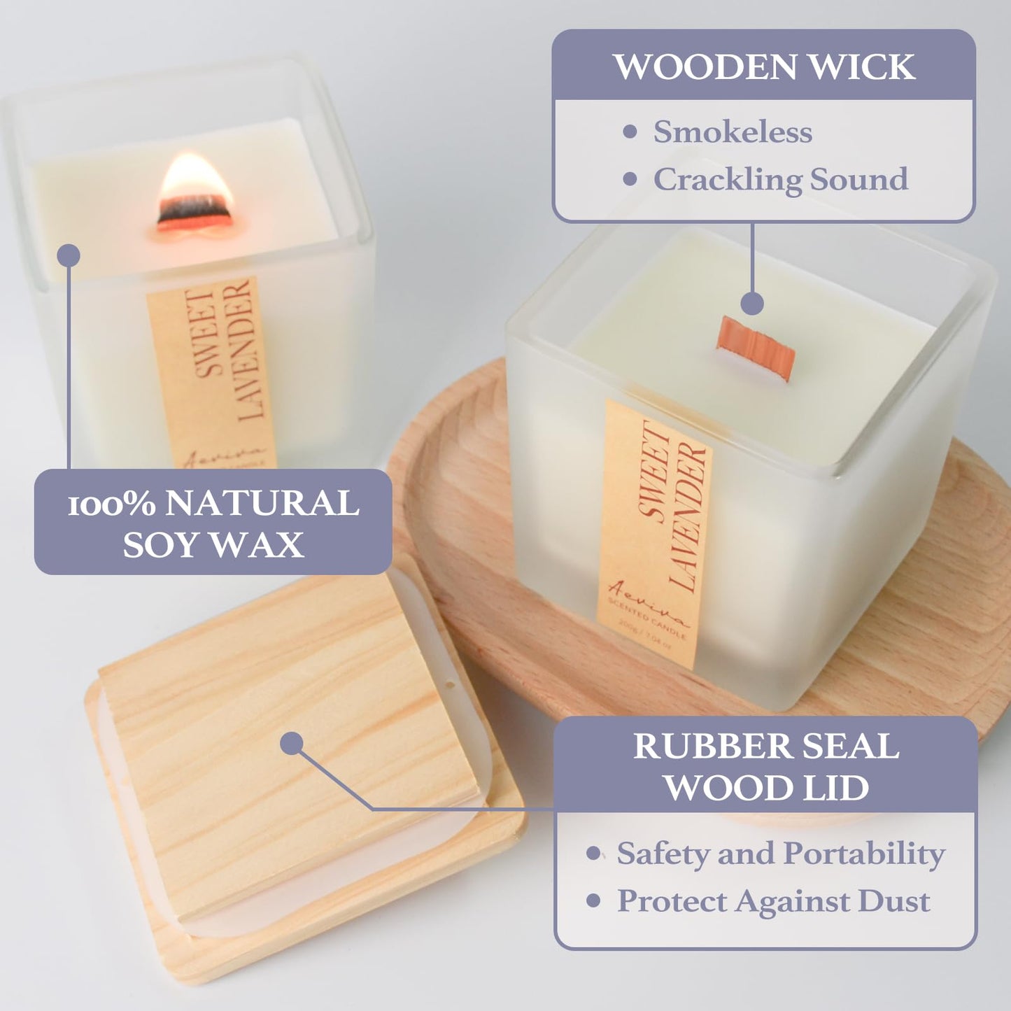 Aeviva Lavender Scented Candle | 7.04 oz Soy Wax, Wooden Wick, 45 Hour Burn