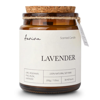 Aeviva Lavender Scented Candle – 7.05 oz Natural Soy Wax, Double Wood Wick, Amber Jar Gift
