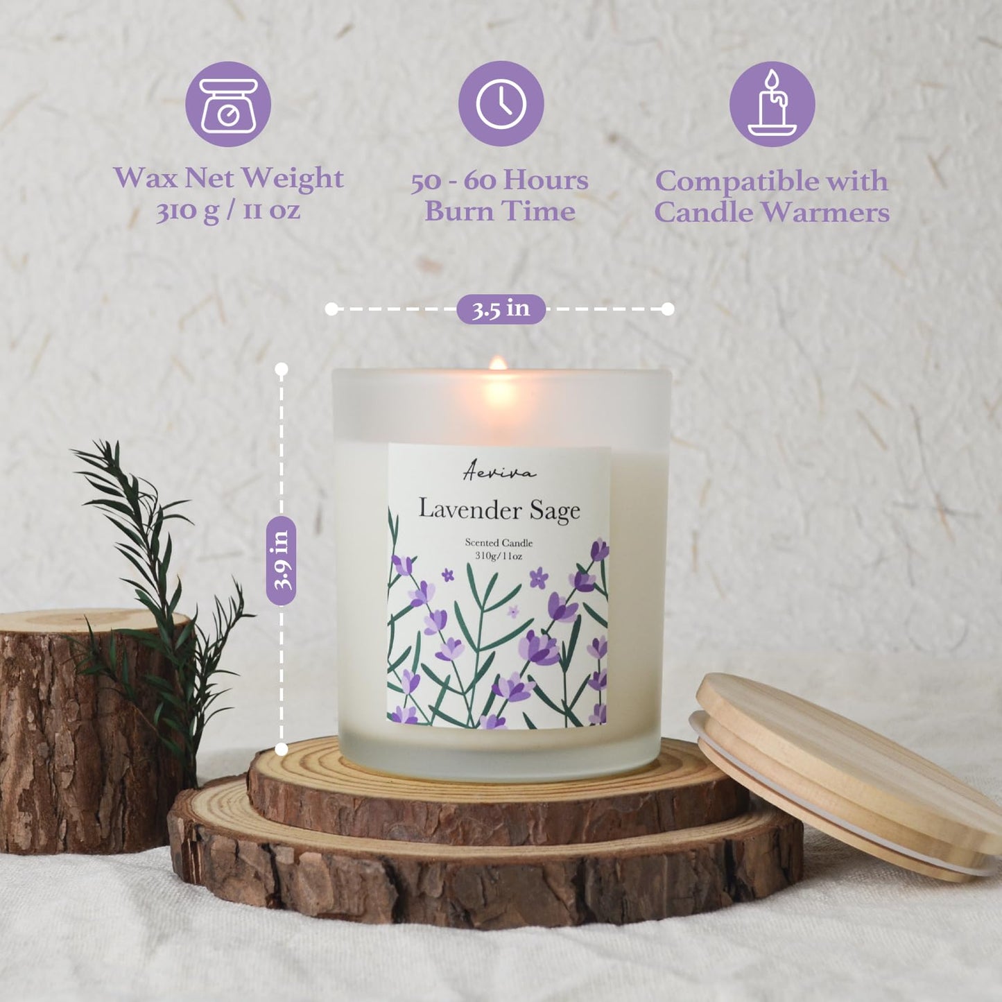 Aeviva Lavender Sage Scented Candle – 11oz Soy Wax, 60 Hour Burn