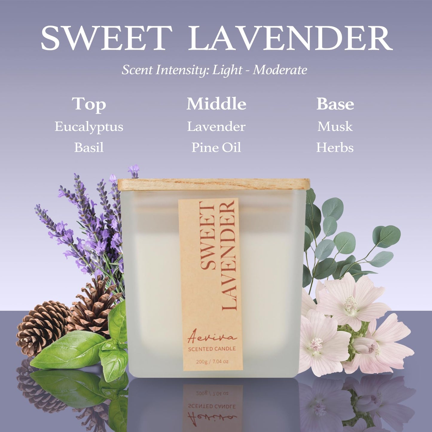 Aeviva Lavender Scented Candle | 7.04 oz Soy Wax, Wooden Wick, 45 Hour Burn