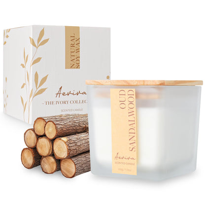 Aeviva Oud Sandalwood Scented Candle – 7.04 oz Soy Wax, Wooden Wick, 45h Burn Time