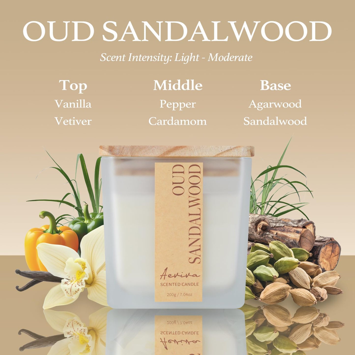 Aeviva Oud Sandalwood Scented Candle – 7.04 oz Soy Wax, Wooden Wick, 45h Burn Time