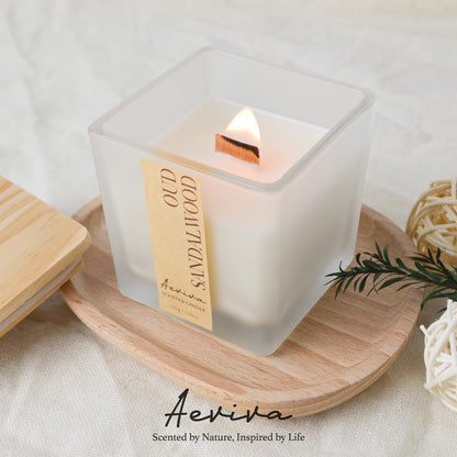 Aeviva Oud Sandalwood Scented Candle – 7.04 oz Soy Wax, Wooden Wick, 45h Burn Time